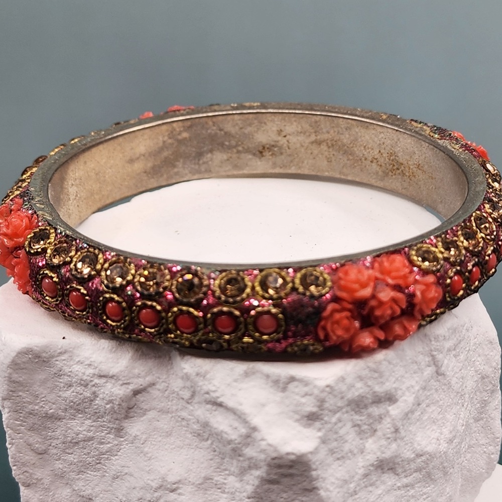 Red Resin Rose Rhinestone Bangle Bracelet Gold Tone Pink Glitter Floral Whimsy